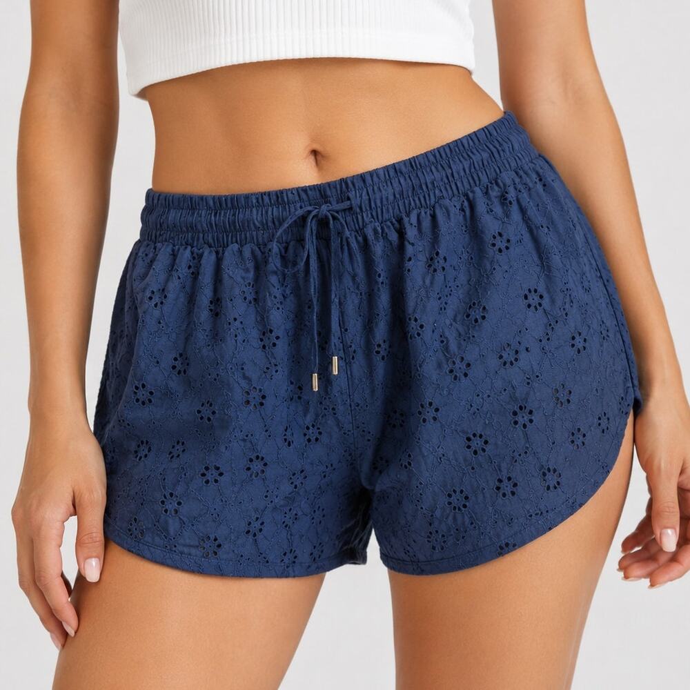 Bobi Los Angeles Floral Eyelet Shorts Pull On Casual Beach Navy Blue Size Small